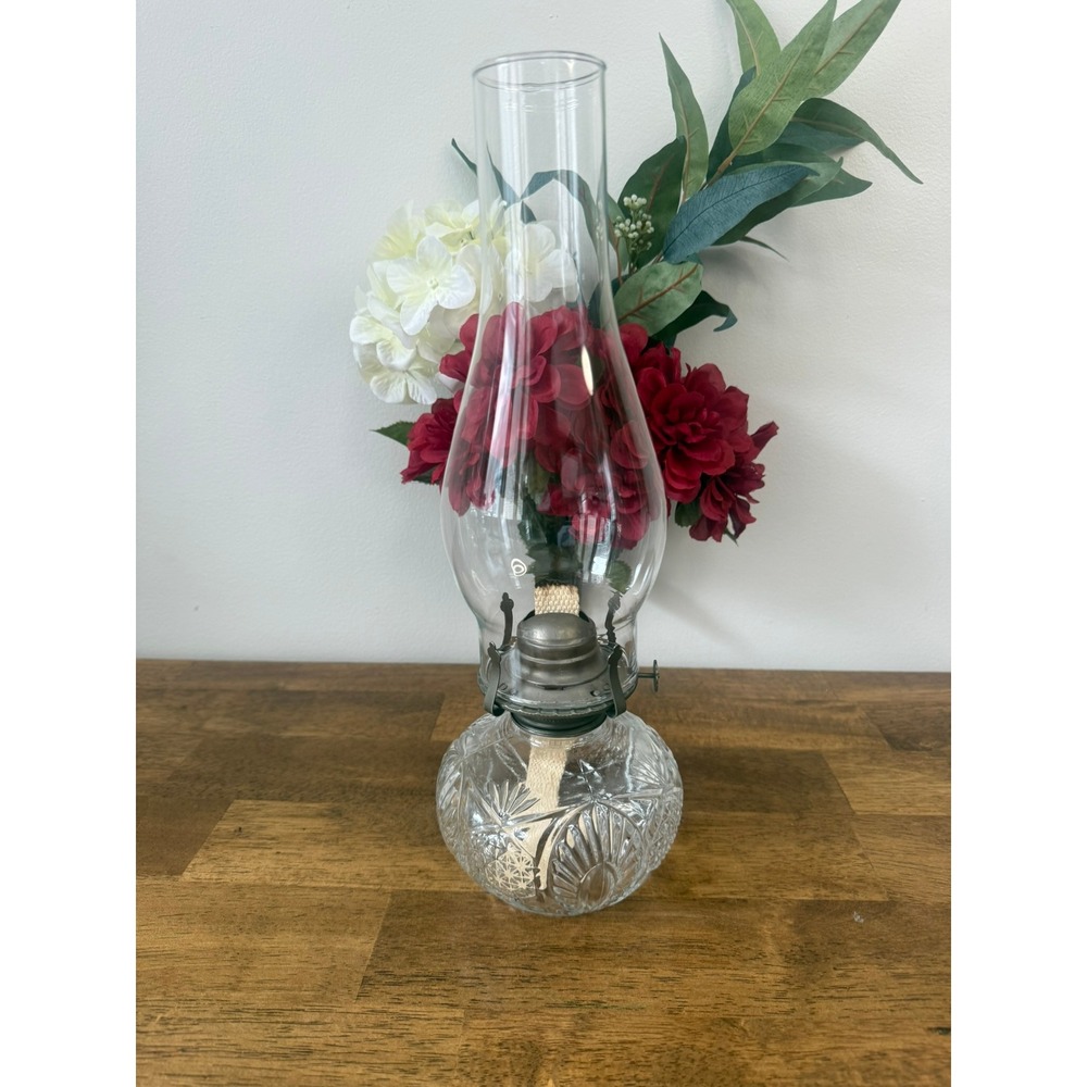 Vintage Oil Lamp Clear Pressed Glass Starburst Farmhouse Lighting‎ Hurricane